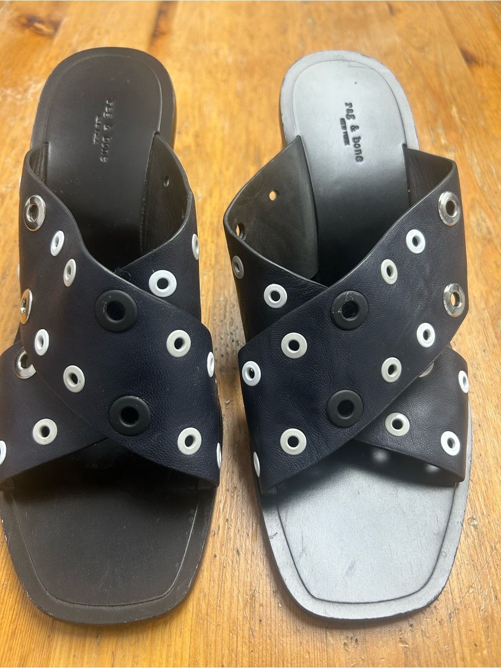 rag & bone Black Leather Crossband Slide Mules with White and Black Grommets
